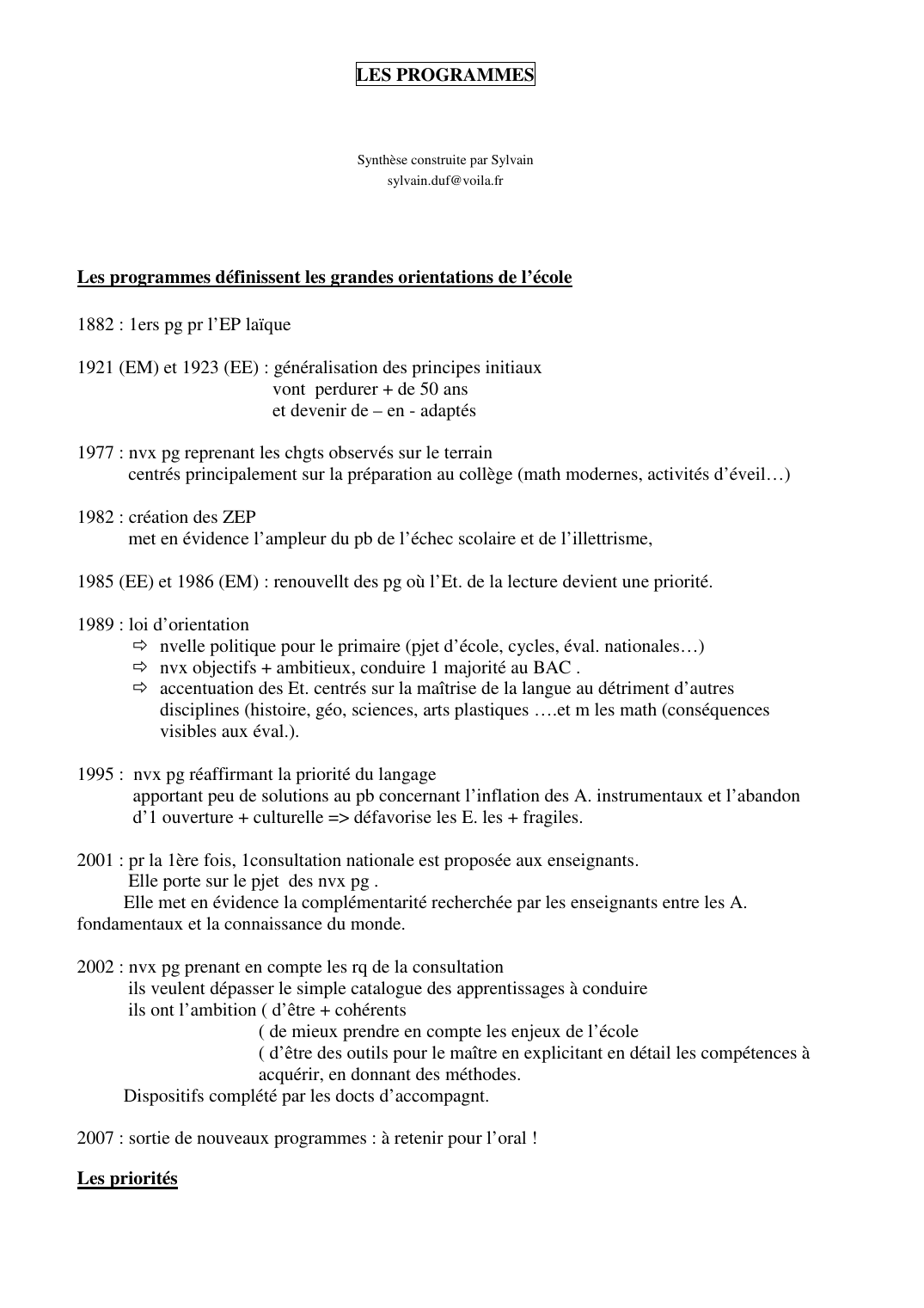 Prévisualisation du document LES PROGRAMMESSynthèse construite par Sylvainsylvain.