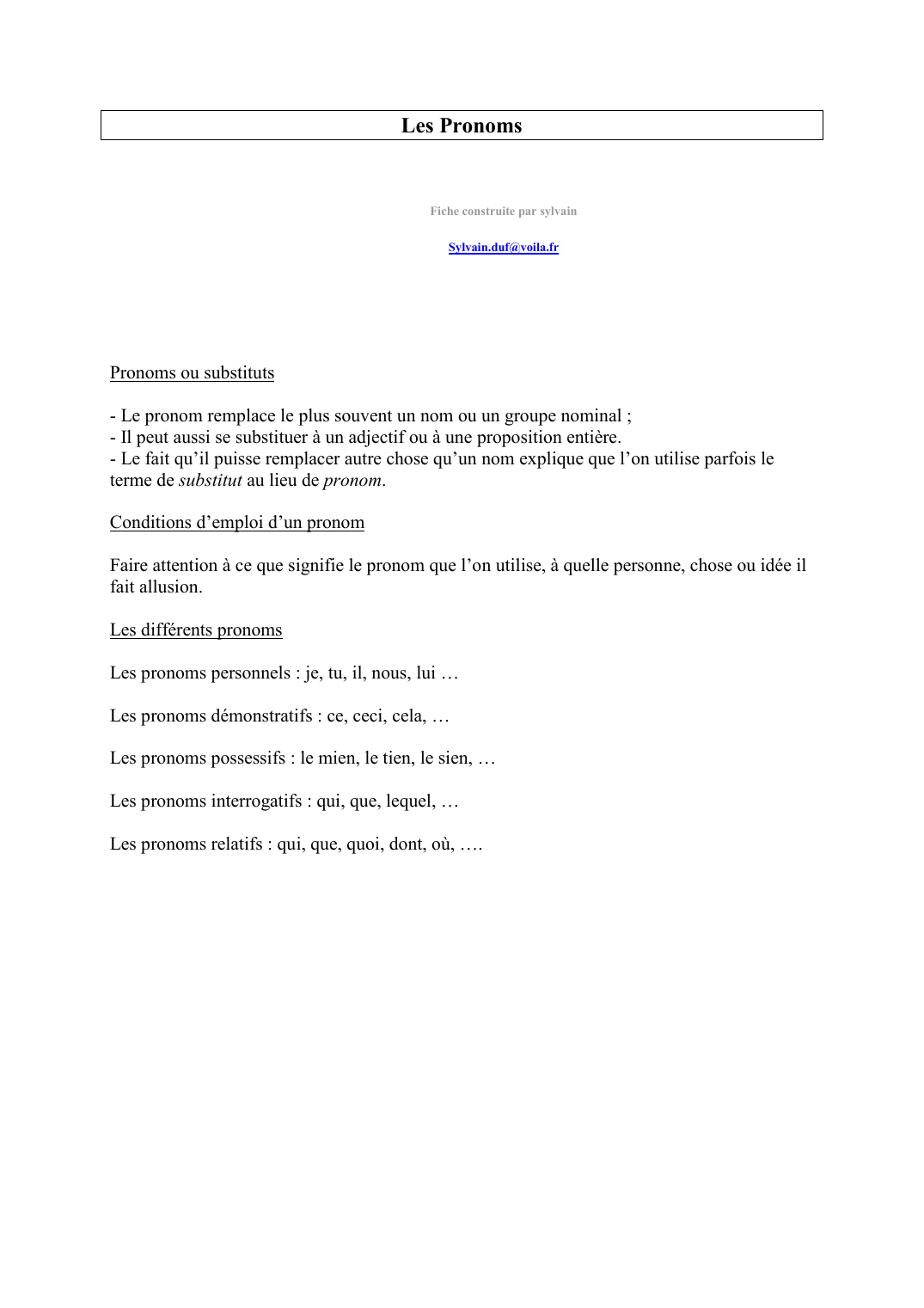 Prévisualisation du document Les PronomsFiche construite par sylvainSylvain.