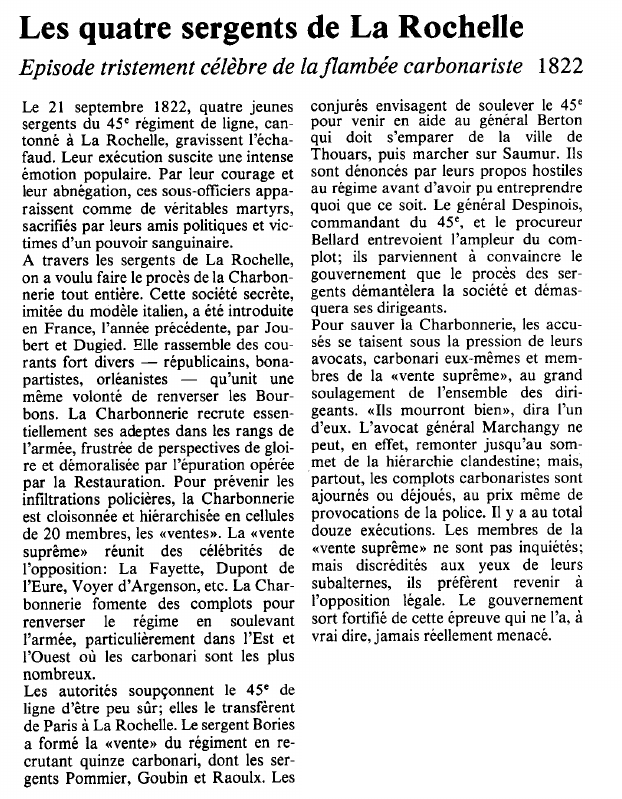 Prévisualisation du document Les quatre sergents de La RochelleEpisode tristement célèbre de la flambée carbonariste.