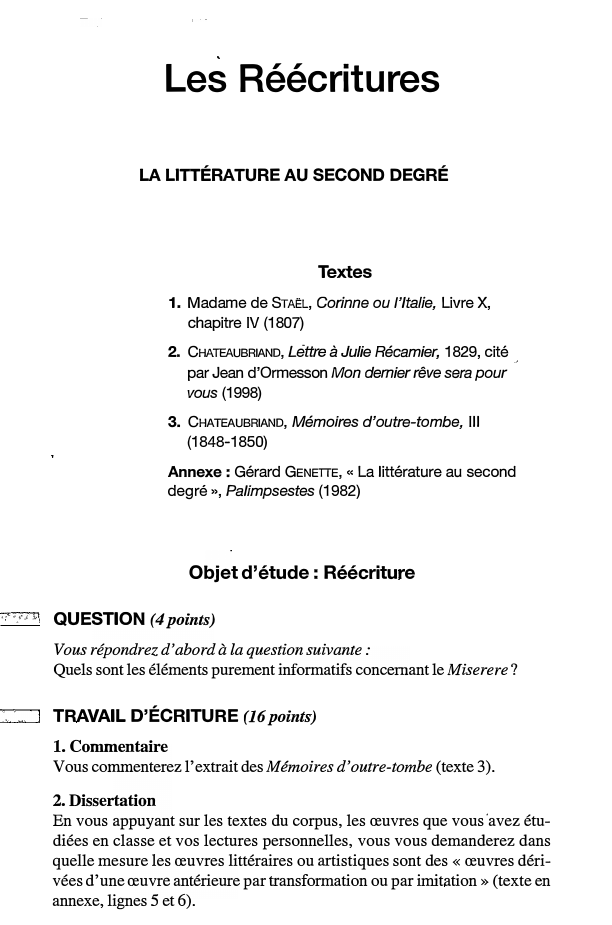 Prévisualisation du document Les Réécritures
LA LITTÉRATURE AU SECOND DEGRÉ

Textes
1. Madame de STAËL, Corinne ou l'Italie, Livre X,
chapitre IV (1807)...