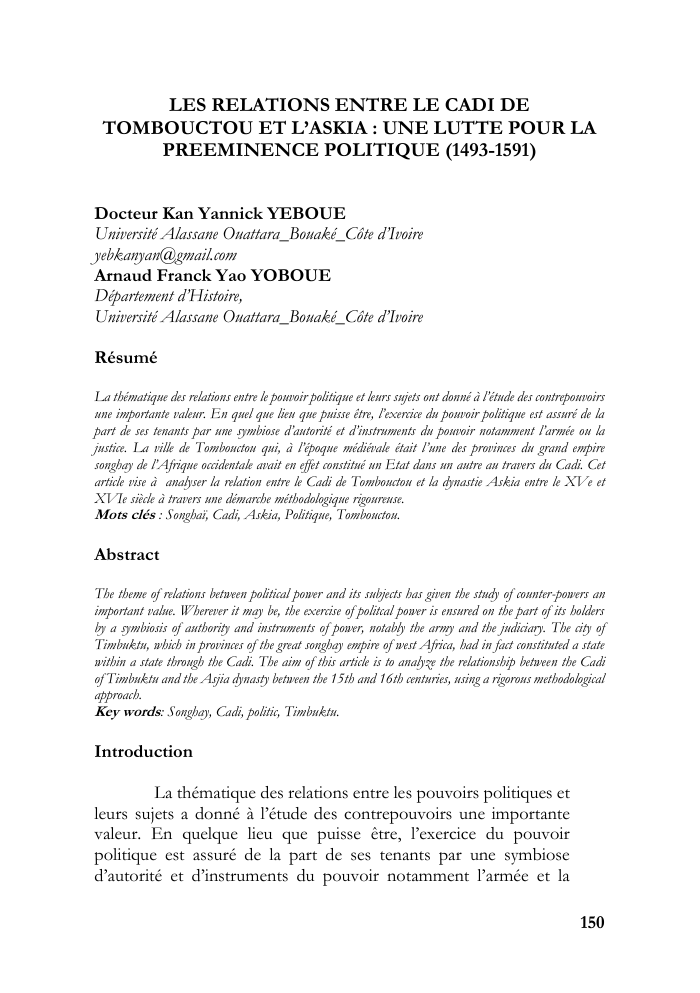 Prévisualisation du document LES RELATIONS ENTRE LE CADI DE TOMBOUCTOU ET L’ASKIA : UNE LUTTE POUR LA PREEMINENCE POLITIQUE (1493-1591)