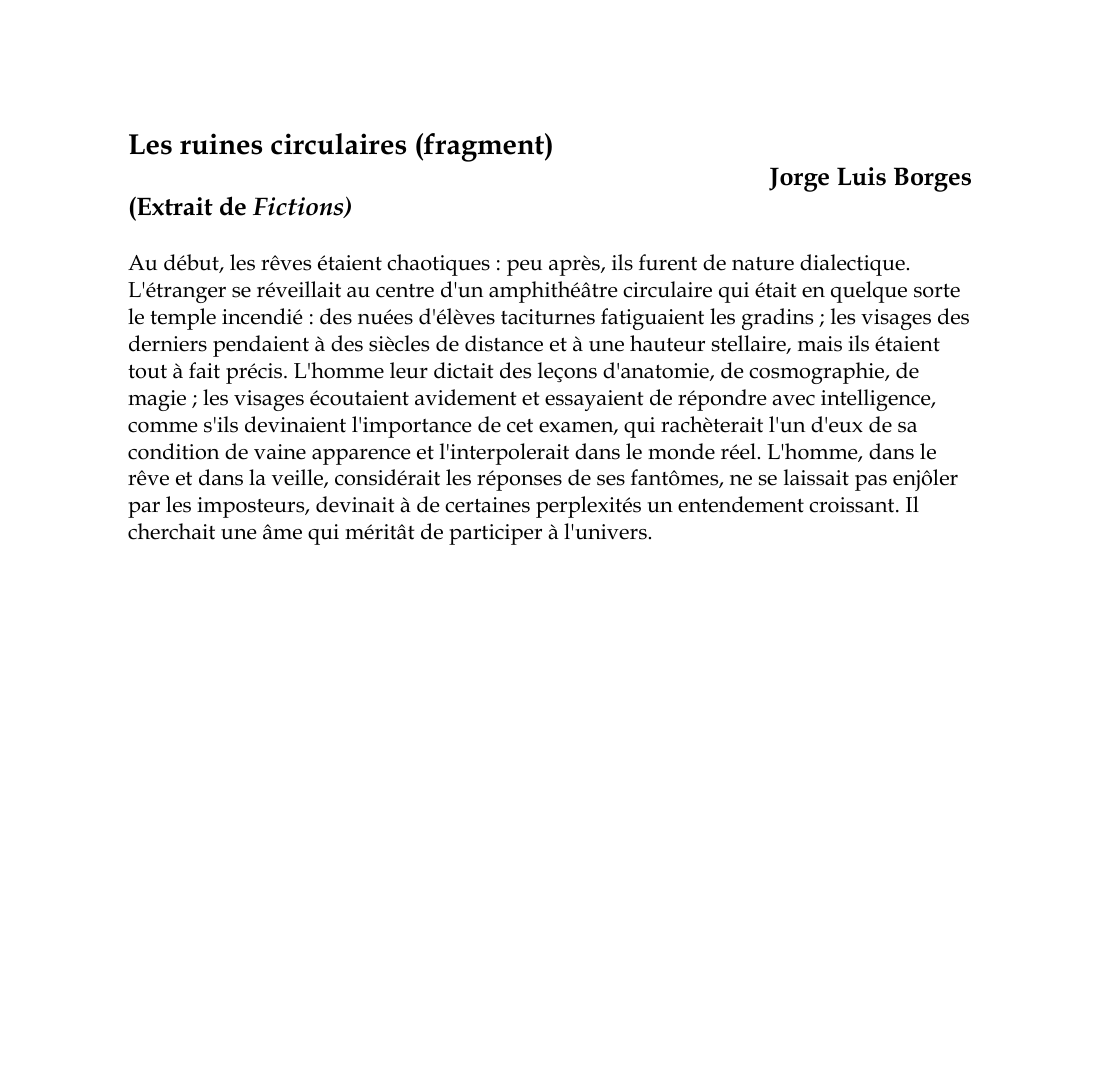 Prévisualisation du document Les ruines circulaires (fragment) Jorge Luis Borges (Extrait de Fictions)