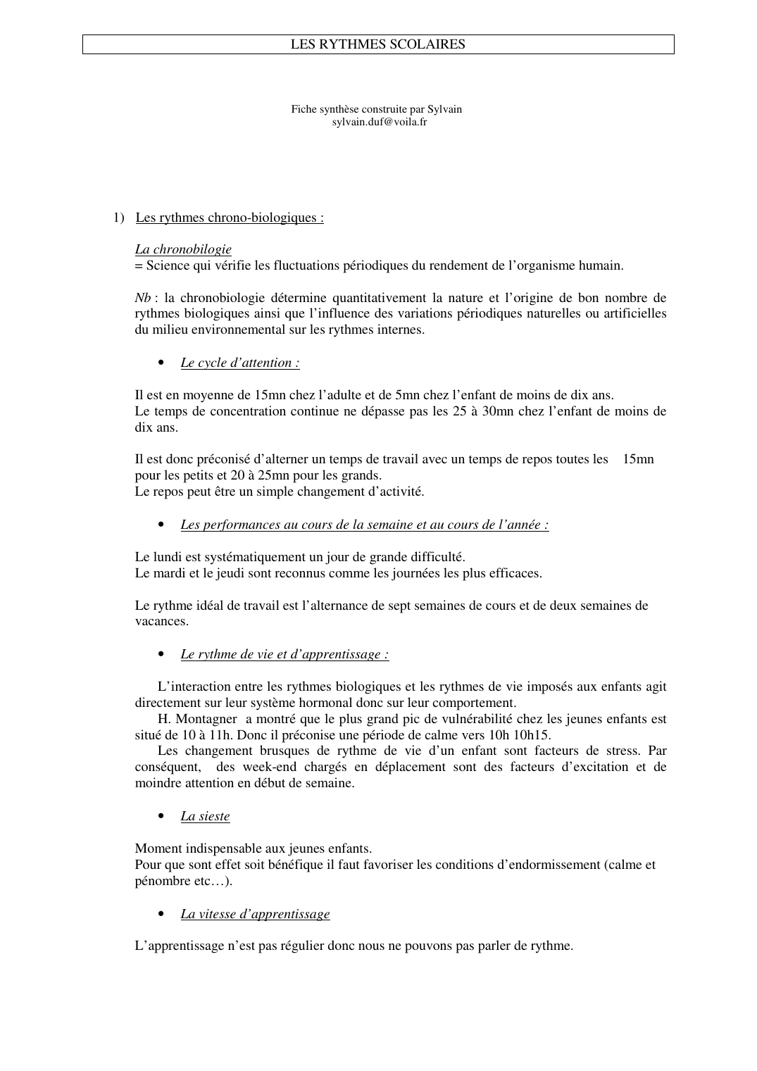 Prévisualisation du document LES RYTHMES SCOLAIRESFiche synthèse construite par Sylvainsylvain.