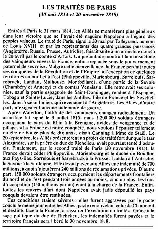 Prévisualisation du document LES TRAITÉS DE PARIS(30 mai 1814 et 20 novembre 1815) - HISTOIRE.