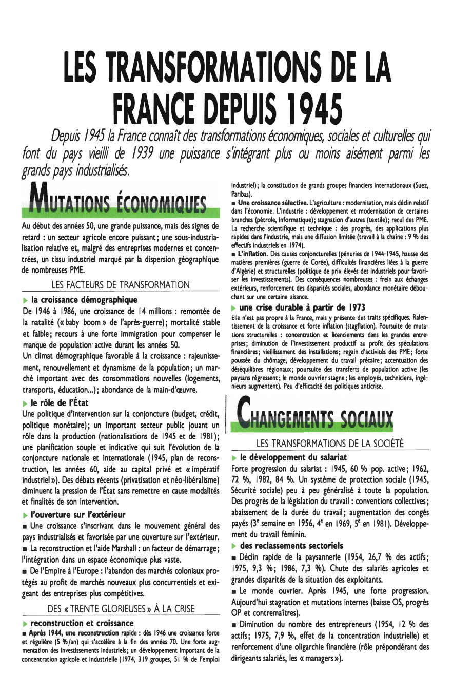 Prévisualisation du document LES TRANSFORMATIONS DE LA
1945
DEPUIS
FRANCE
Depuis /945 la France connaÎt des transformations économiques, sociales et culturel/es qui

font...