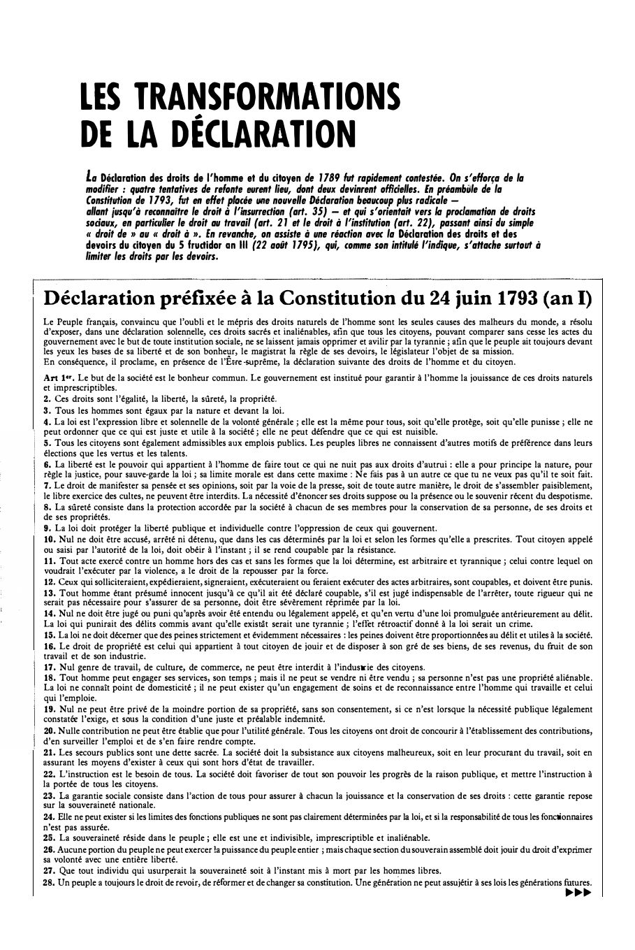 Prévisualisation du document LES TRANSFORMATIONS
DE LA DÉCLARATION
La Dédaration des droits de l'homme et du citoyen de 1189 lut rapidement contestée. On...