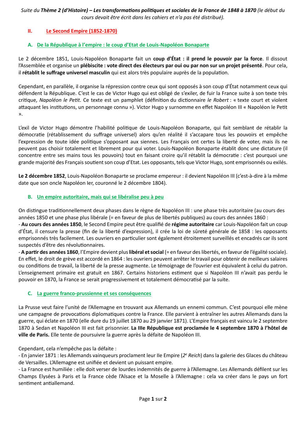 Prévisualisation du document Les transformations politiques et sociales de la France de 1848 à 1870 (le début du  cours devait être écrit dans les cahiers et n’a pas été distribué).
