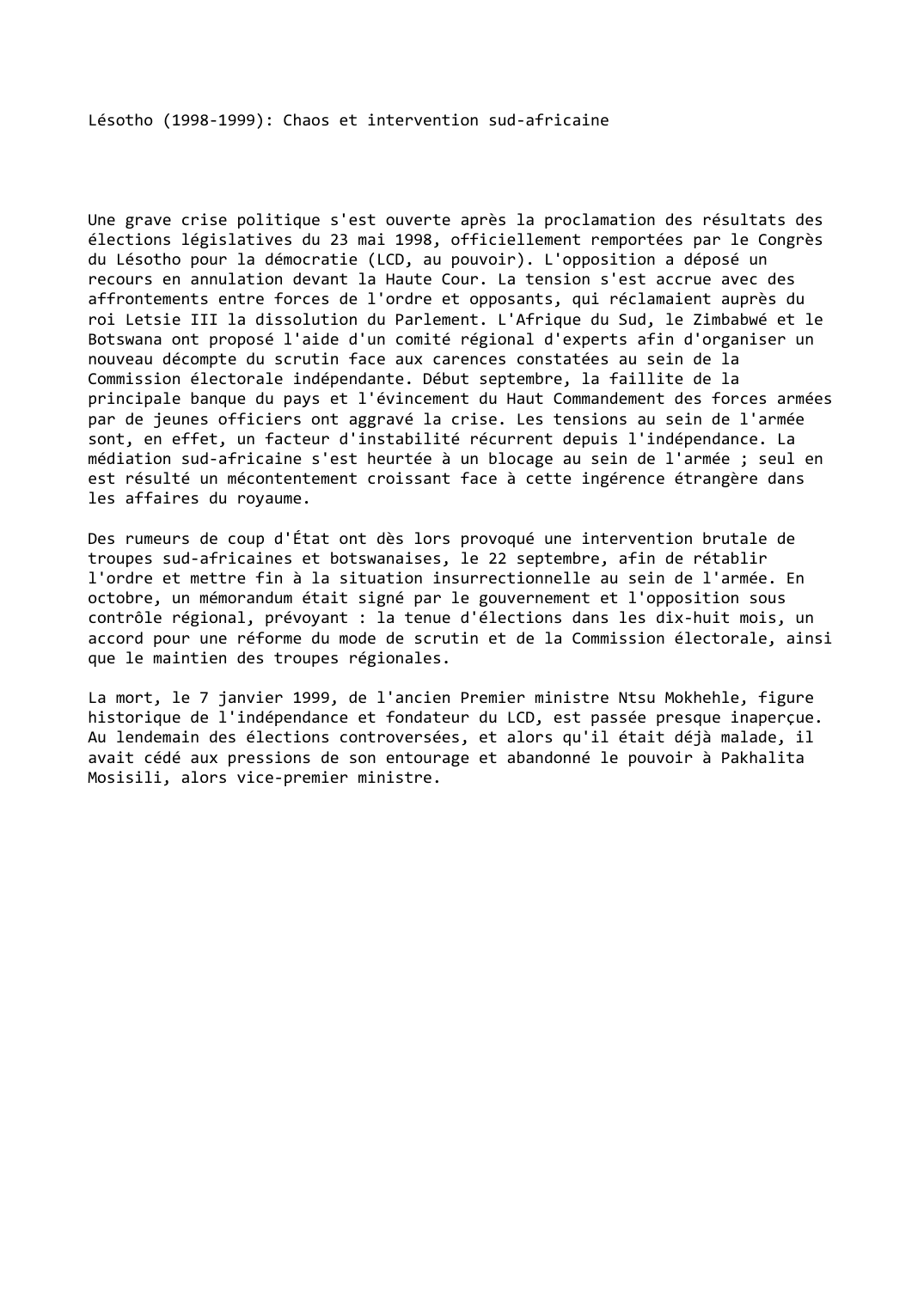 Prévisualisation du document Lésotho (1998-1999): Chaos et intervention sud-africaine