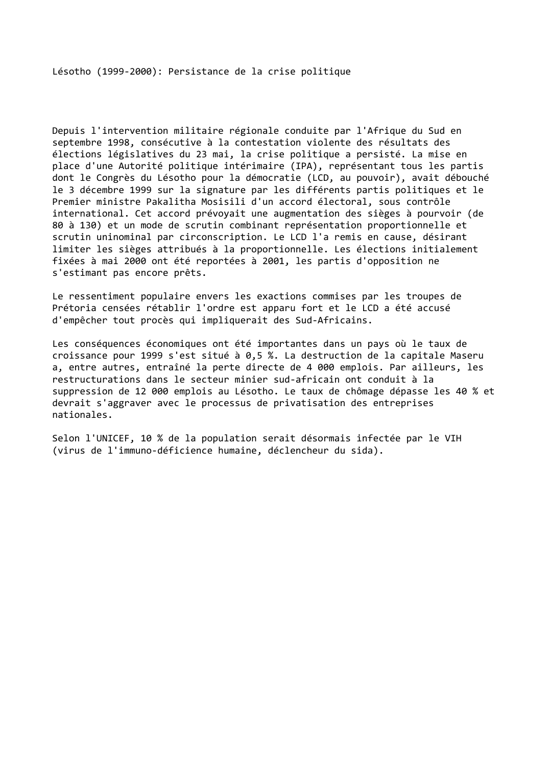 Prévisualisation du document Lésotho (1999-2000): Persistance de la crise politique