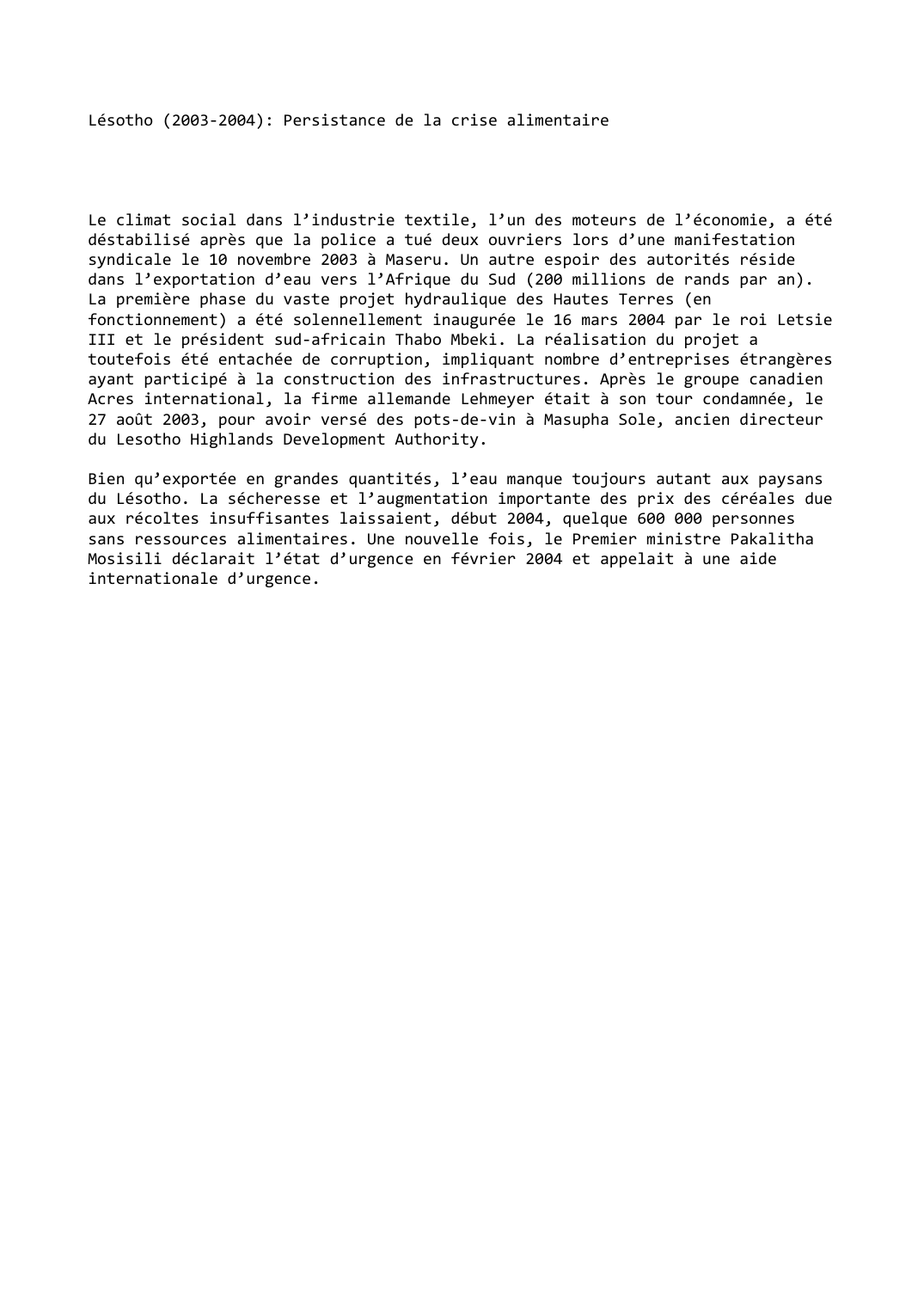 Prévisualisation du document Lésotho (2003-2004): Persistance de la crise alimentaire