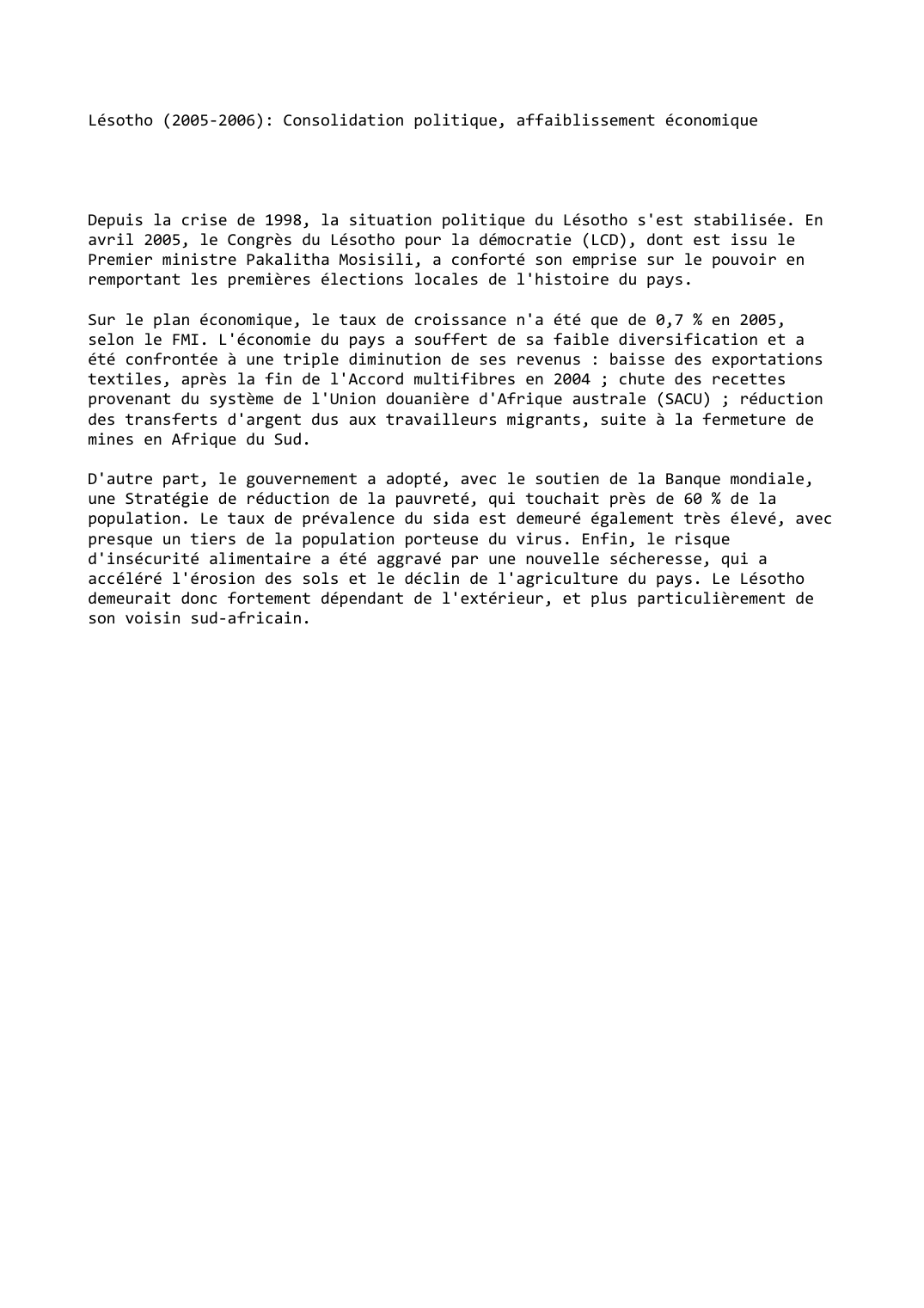 Prévisualisation du document Lésotho (2005-2006): Consolidation politique, affaiblissement économique