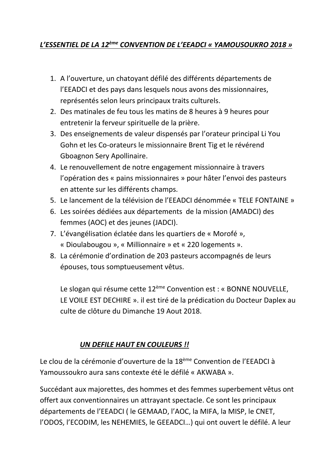 Prévisualisation du document L'ESSENTIEL DE LA 12eme CONVENTION DE L'EEADCI YAMOUSOUKRO