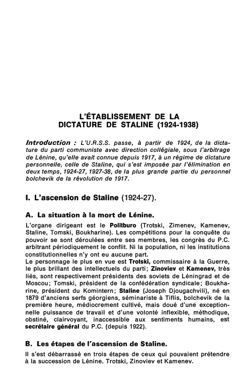 Prévisualisation du document L'ÉTABLISSEMENT DE LA
DICTATUR E DE STALINE (1924-1938)
Introduction : L'U.R.S.S. passe, à partir de 1924, de la dicta­

ture...
