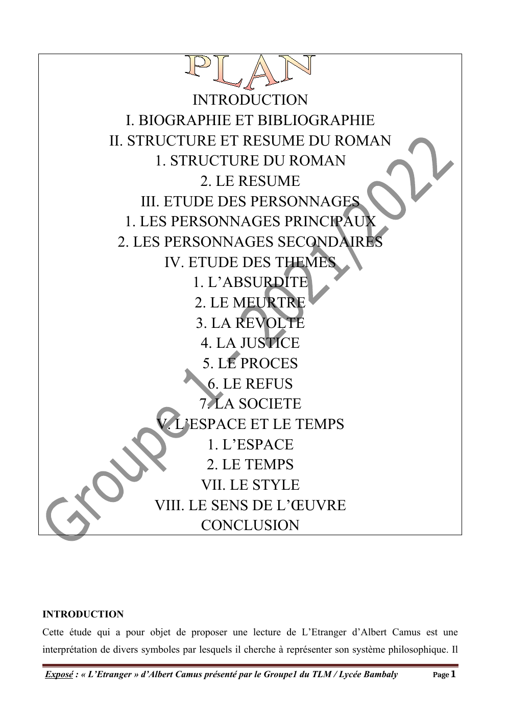 Prévisualisation du document L'Etranger d'Albert Camus (présentation de l'euvre: personnages, résumé, thèmes)