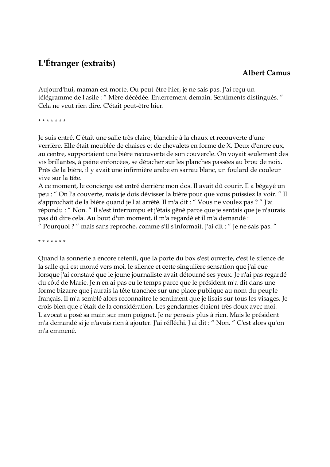 Prévisualisation du document L'Étranger (extraits)Albert CamusAujourd'hui, maman est morte.
