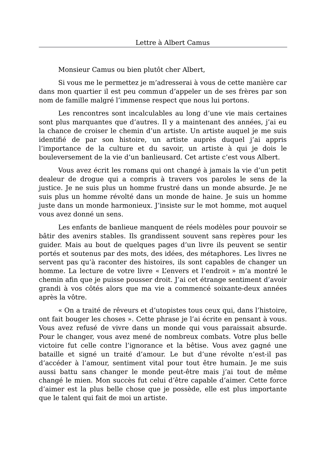 Prévisualisation du document Lettre à Albert Camus