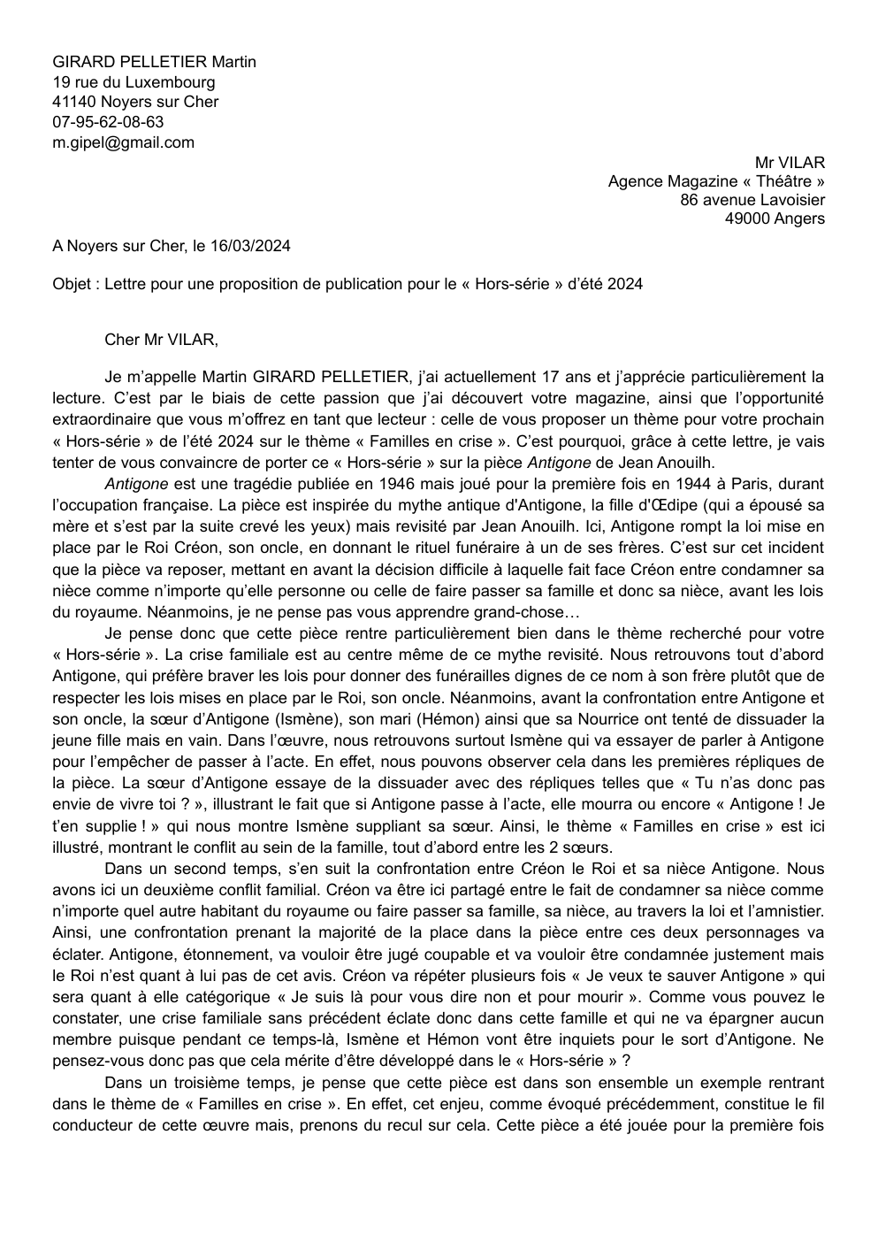 Prévisualisation du document lettre français Objet : Lettre pour une proposition de publication pour le « Hors-série » d’été 2024