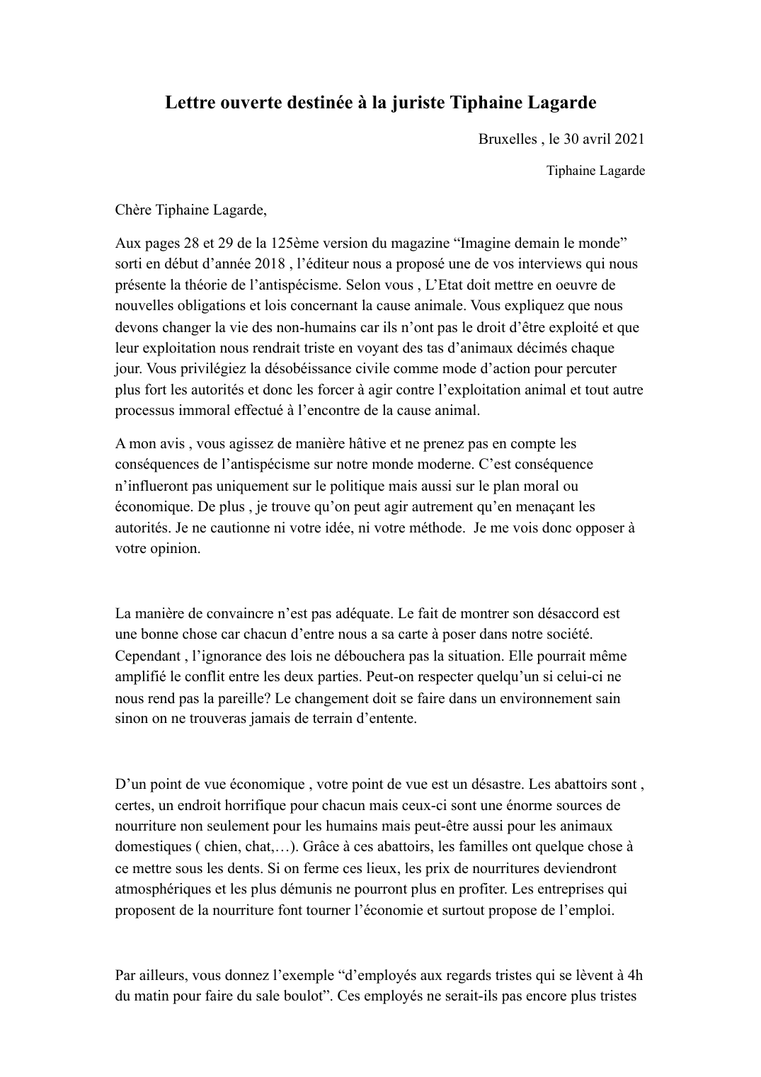Prévisualisation du document Lettre ouverte destinée à la juriste Tiphaine Lagarde