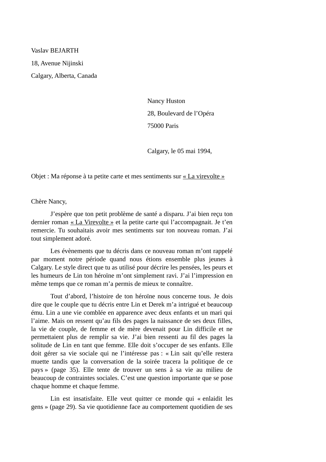 Prévisualisation du document Lettre sur le roman VIREVOLTE