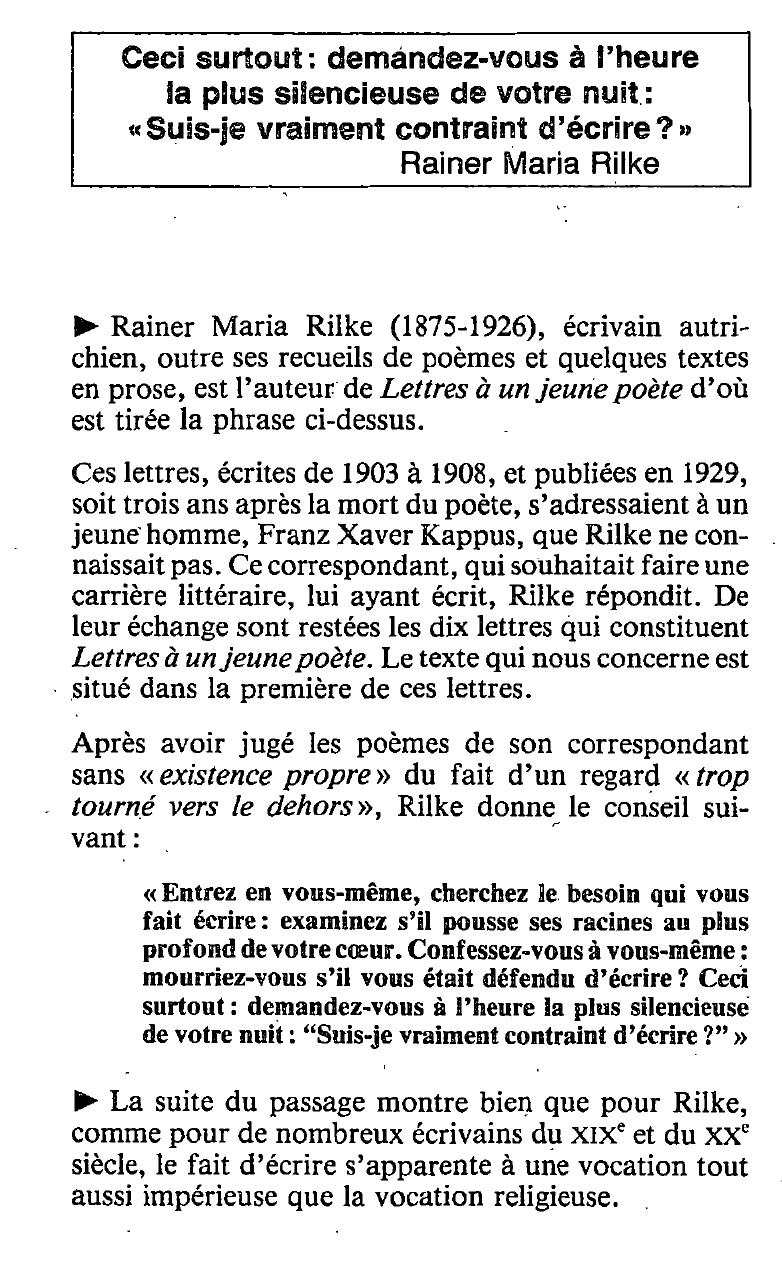 Prévisualisation du document Lettres à un jeune poète [Rainer Maria Rilke] - Fiche de lecture.