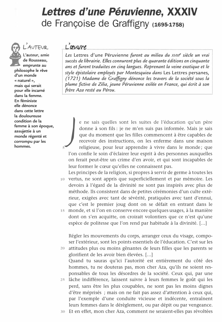 Prévisualisation du document Lettres d'une Péruvienne, XXXIV

i

de Françoise de Graffigny c1s9s-11ss>
�a��:::

de Rousseau,
emprunte au
philosophe le rêve
d'un monde...