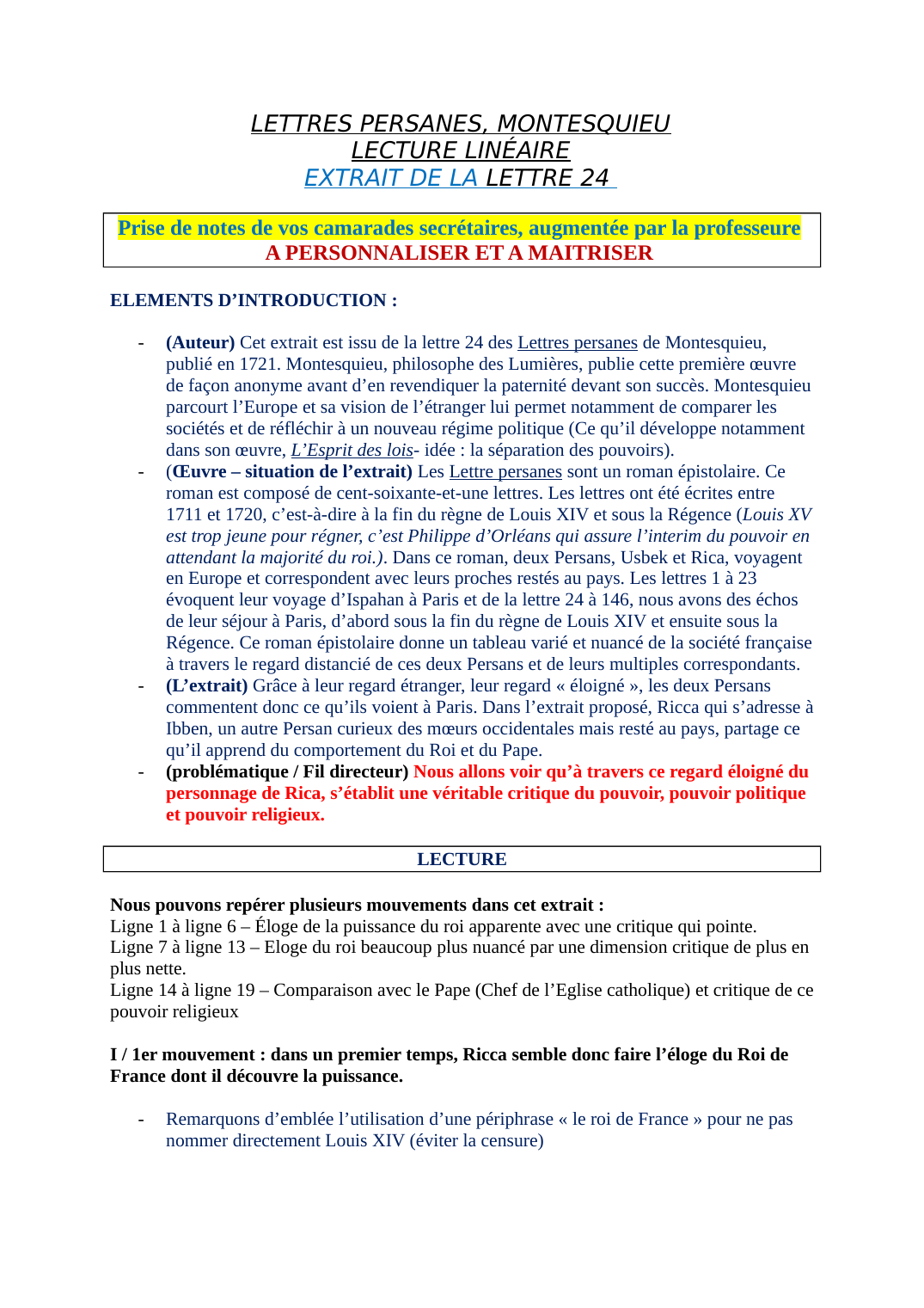 Prévisualisation du document LETTRES PERSANES, MONTESQUIEU LECTURE LINÉAIRE EXTRAIT DE LA LETTRE 24