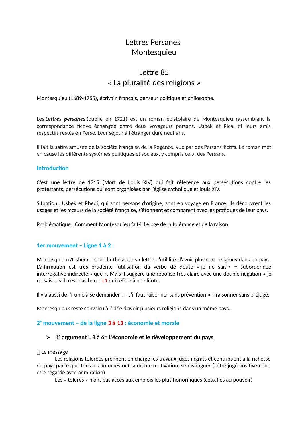 Prévisualisation du document Lettres Persanes Montesquieu Lettre 85 « La pluralité des religions »