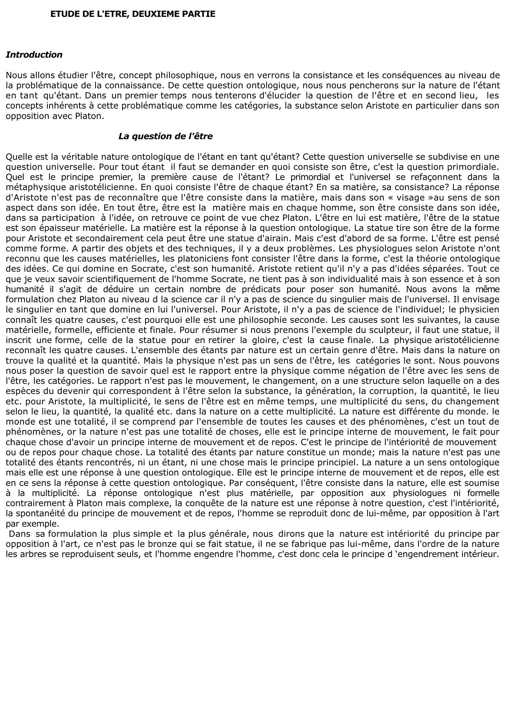 Prévisualisation du document L'ETUDE DE L'ETRE - La philosophie aristotélicienne.