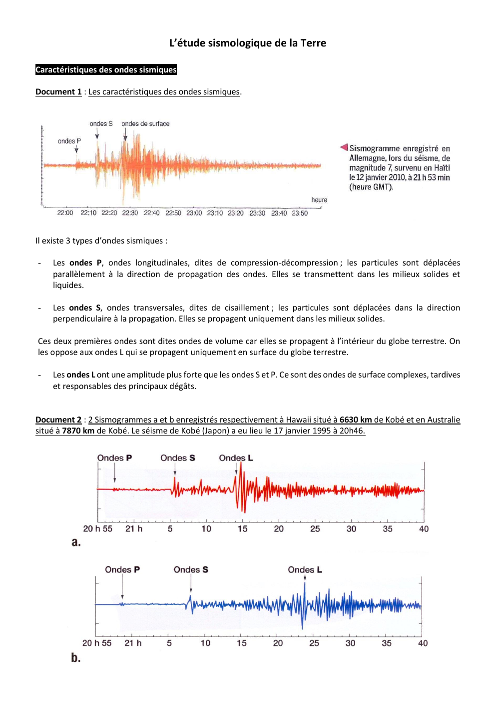 Prévisualisation du document L’étude sismologique de la Terre Caractéristiques des ondes sismiques