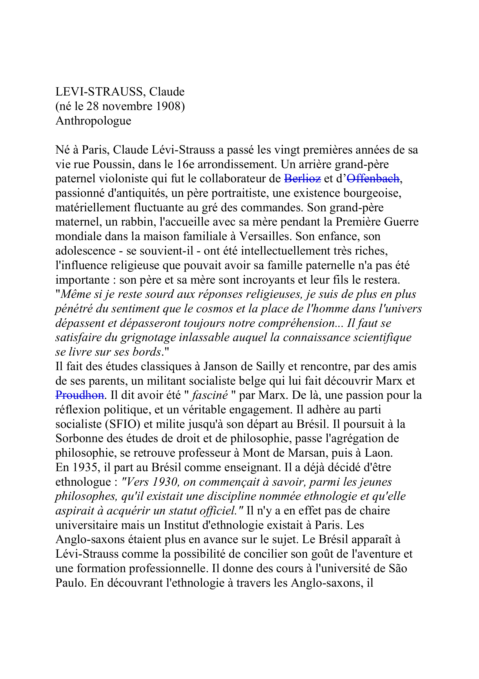 Prévisualisation du document Lévi-Strauss Claude Ethnologue et anthropologue français