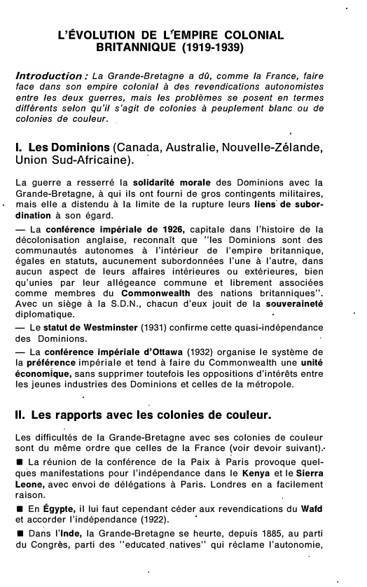 Prévisualisation du document L'ÉVOLUTION DE L'EMPIRE COLONIAL BRITANNIQUE (1919-1939)
