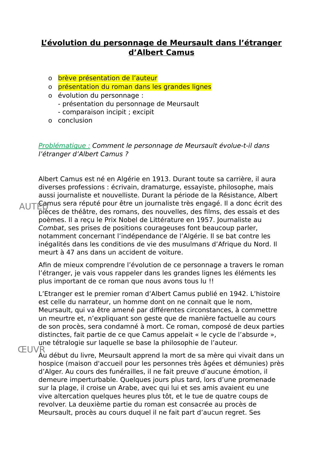 Prévisualisation du document L’évolution du personnage de Meursault dans l’étranger d’Albert Camus
