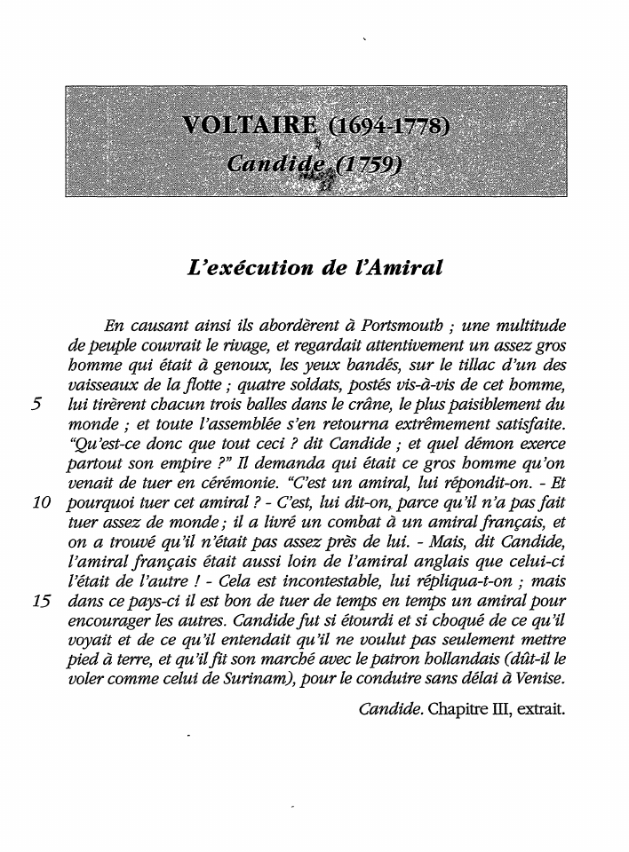 Prévisualisation du document L'exécution de l'Amiral - Candide. Chapitre III, de Voltaire (commentaire)