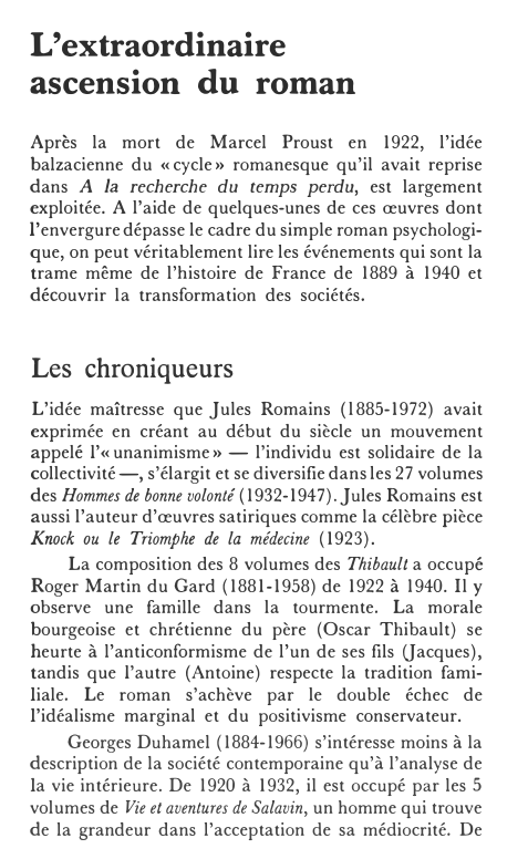 Prévisualisation du document L'extraordinaire
ascension du roman
Après la mort de Marcel Proust en 1922, l'idée
balzacienne du «cycle» romanesque qu'il avait reprise...