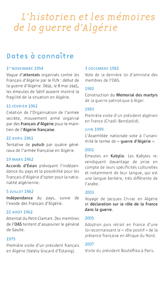 Prévisualisation du document L'historien et les mémoires
de la guerre d'Algérie
Dates à connaître
l"' NOVEMBRE 1954

3 DÉCEMBRE 1982

Vague d'attentats organisés...