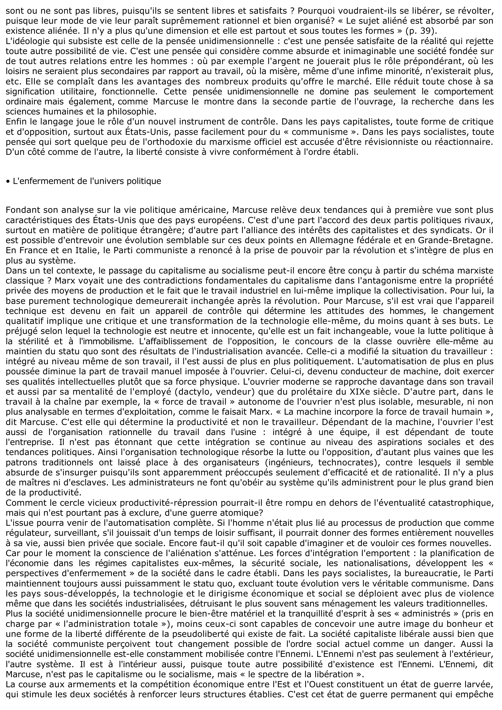 Prévisualisation du document L'HOMME UNIDIMENSIONNEL DE MARCUSE: ANALYSE DE LA PREMIÈRE PARTIE: LA SOCIÉTÉ UNIDIMENSIONNELLE