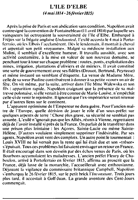 Prévisualisation du document L'ILE D'ELBE(14 mai 1814 - 26 février1815) - HISTOIRE.