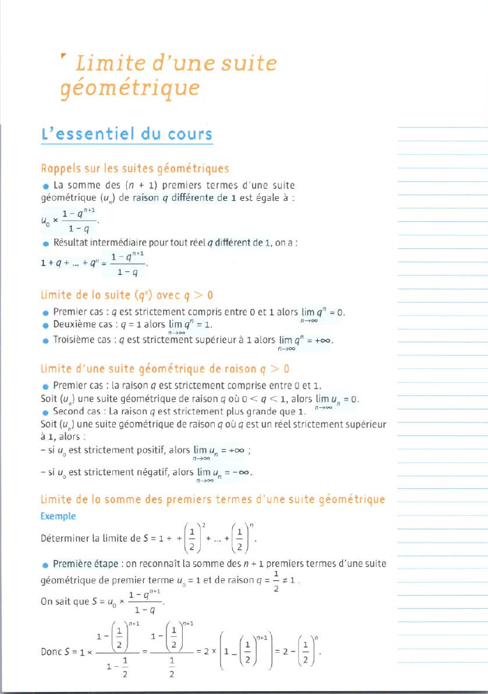 Prévisualisation du document " Limite d'une suite
géométrique
L'essentiel du cours
Rappels sur les suites géométriques
• La somme des (n + 1)...