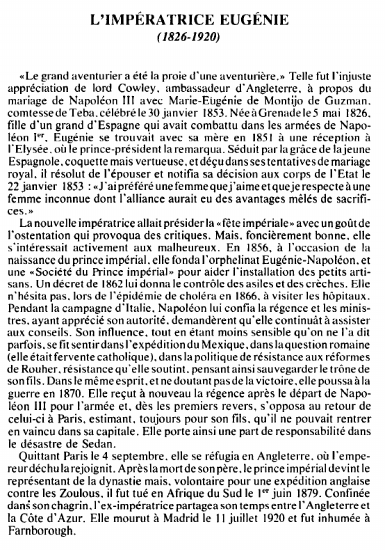 Prévisualisation du document L'IMPÉRATRICE EUGÉNIE(1826-1920) - BIOGRAPHIE