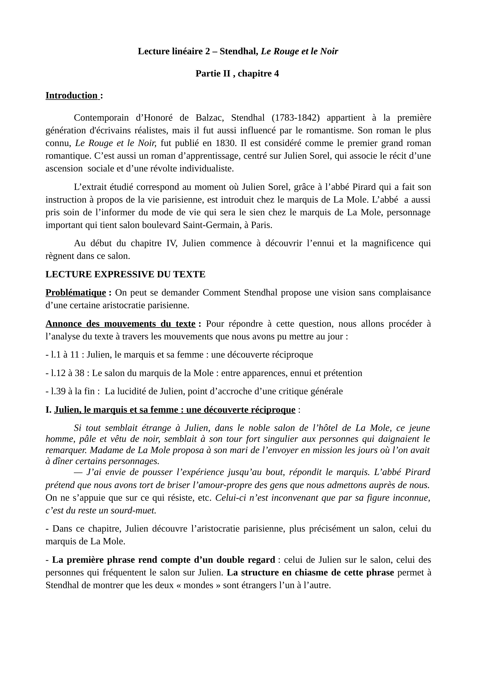 Prévisualisation du document Linéaire Le Rouge et le Noir - Partie 2- Chapitre 4