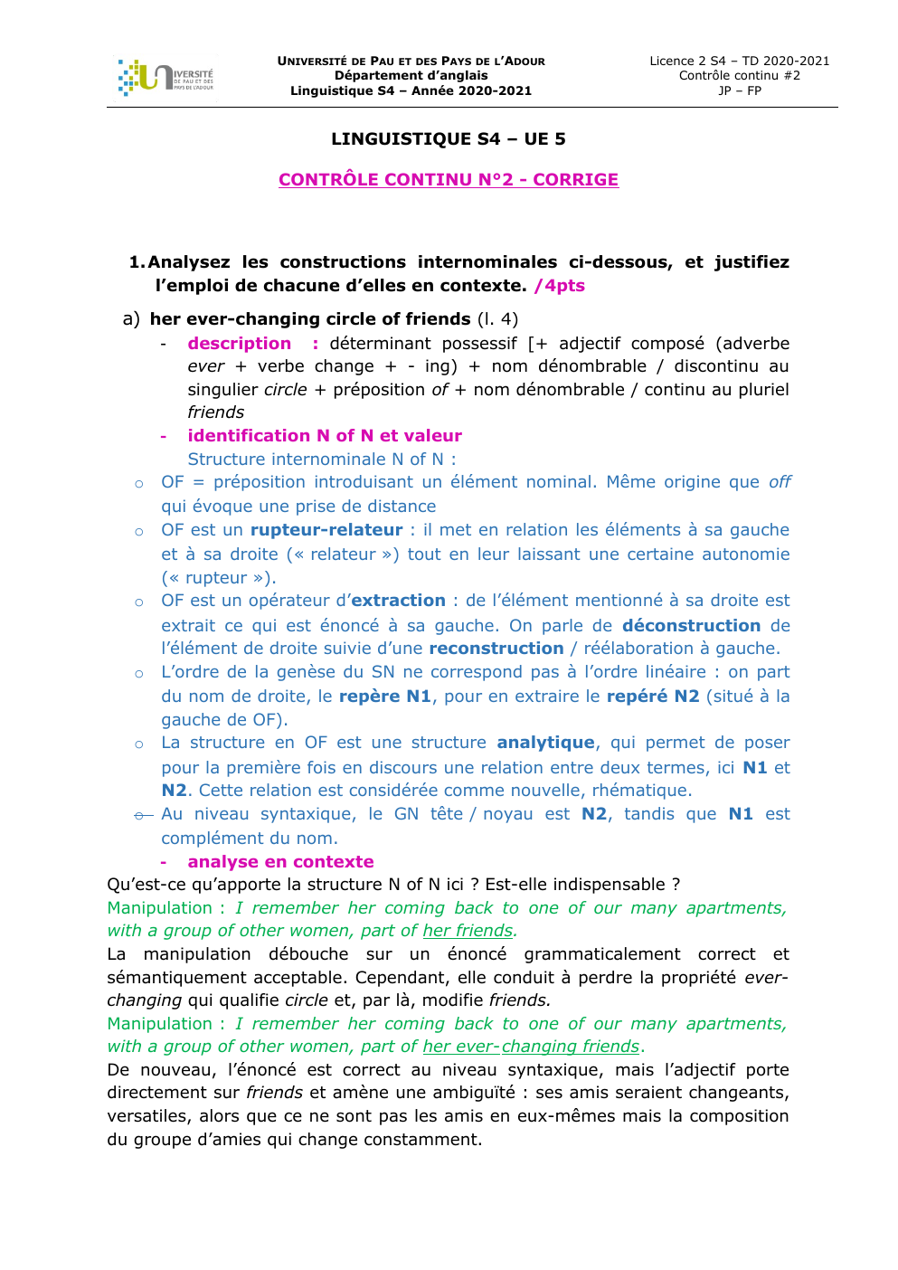 Prévisualisation du document LINGUISTIQUE S4 – UE 5 CONTRÔLE CONTINU N°2 - CORRIGE