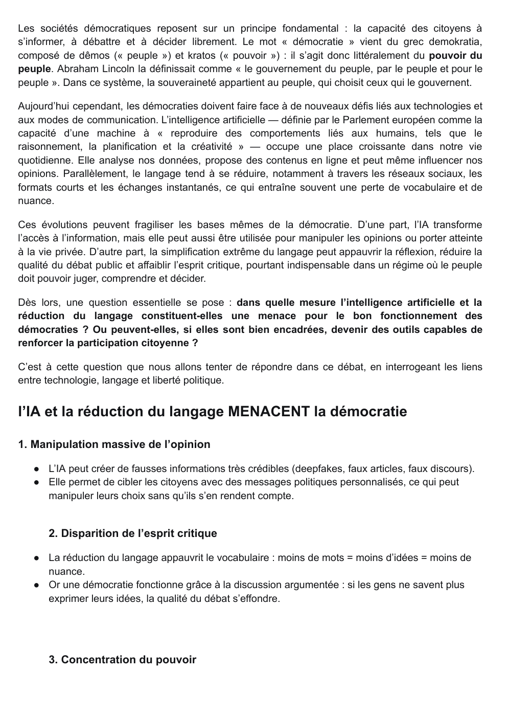 Prévisualisation du document l’intelligence artificielle et la réduction du langage constituent-elles une menace pour le bon fonctionnement des démocraties ? Ou peuvent-elles, si elles sont bien encadrées, devenir des outils capables de renforcer la participation citoyenne ?