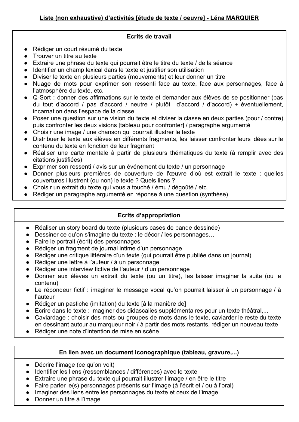 Prévisualisation du document Liste (non exhaustive) d’activités [étude de texte / oeuvre]