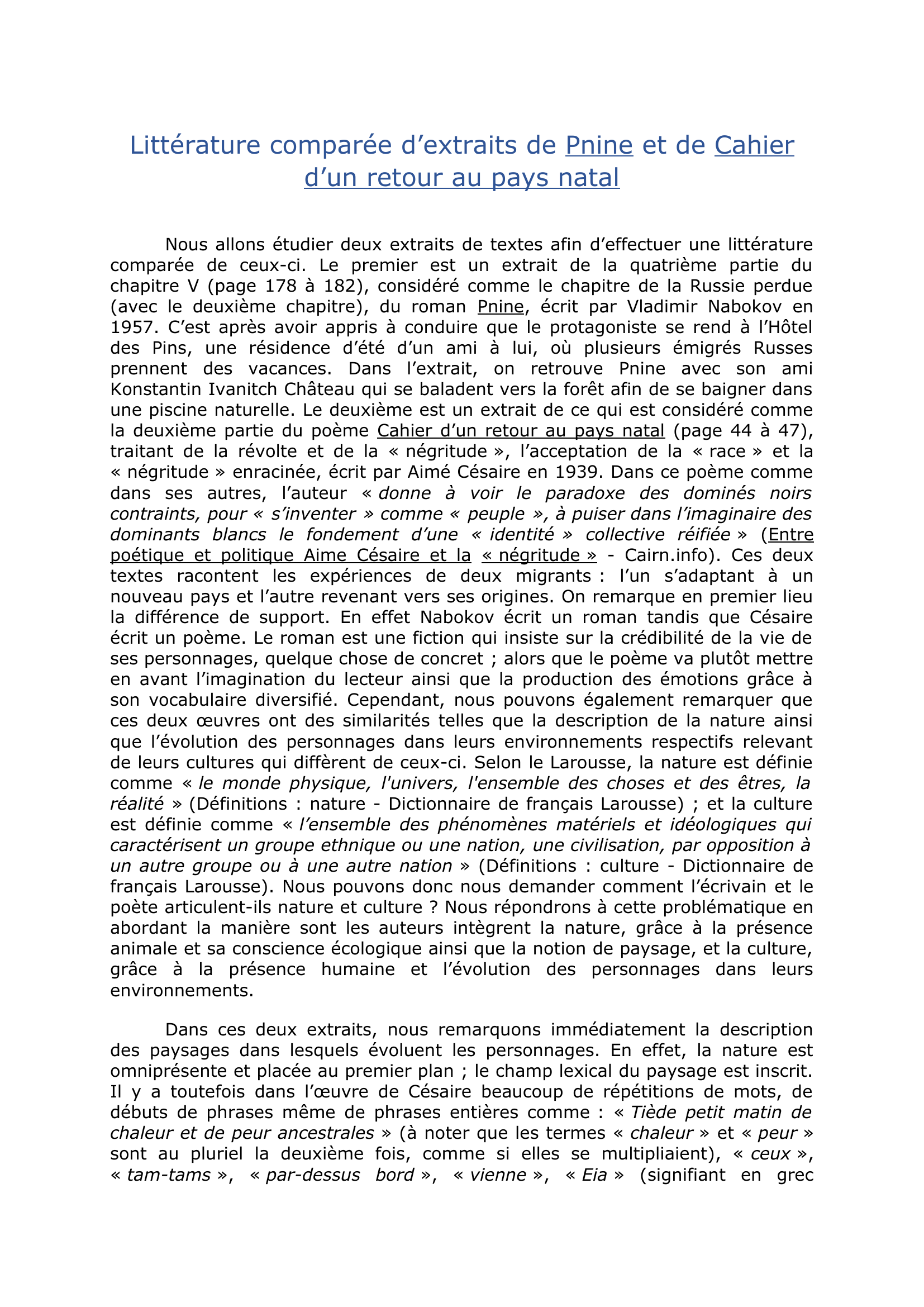 Prévisualisation du document Littérature comparée de Pnine (Nabokov) & Cahier d'un retour au pays natal (Césaire)