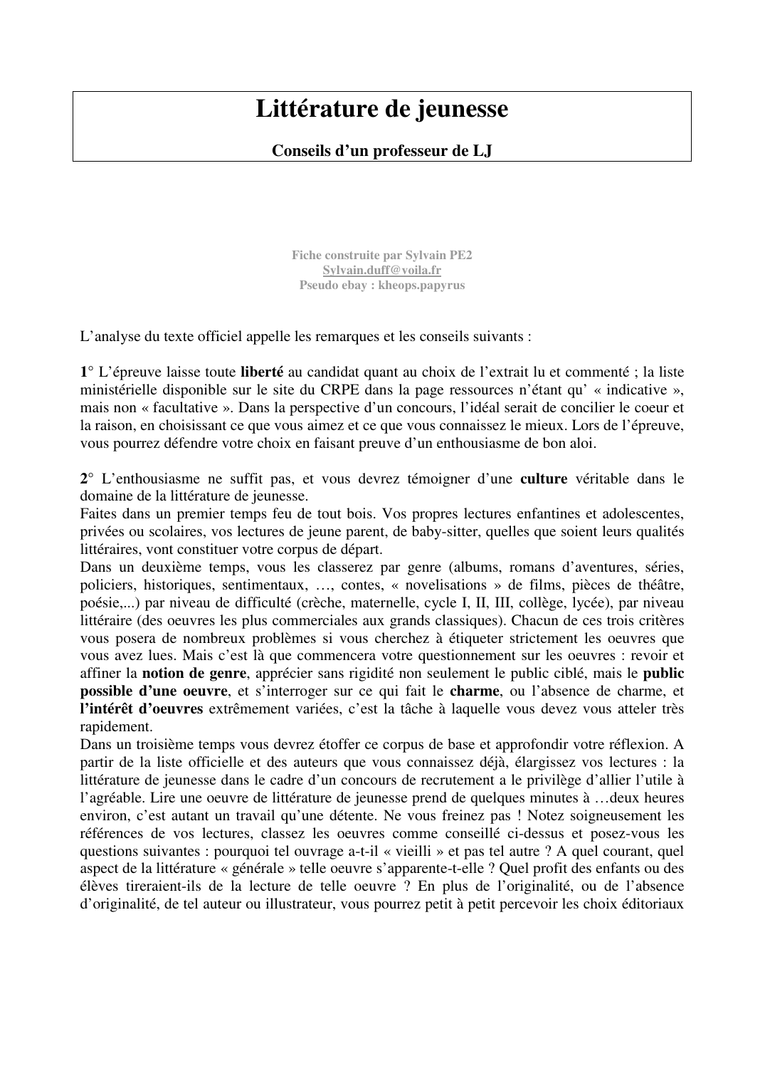 Prévisualisation du document Littérature de jeunesseConseils d'un professeur de LJFiche construite par Sylvain PE2Sylvain.