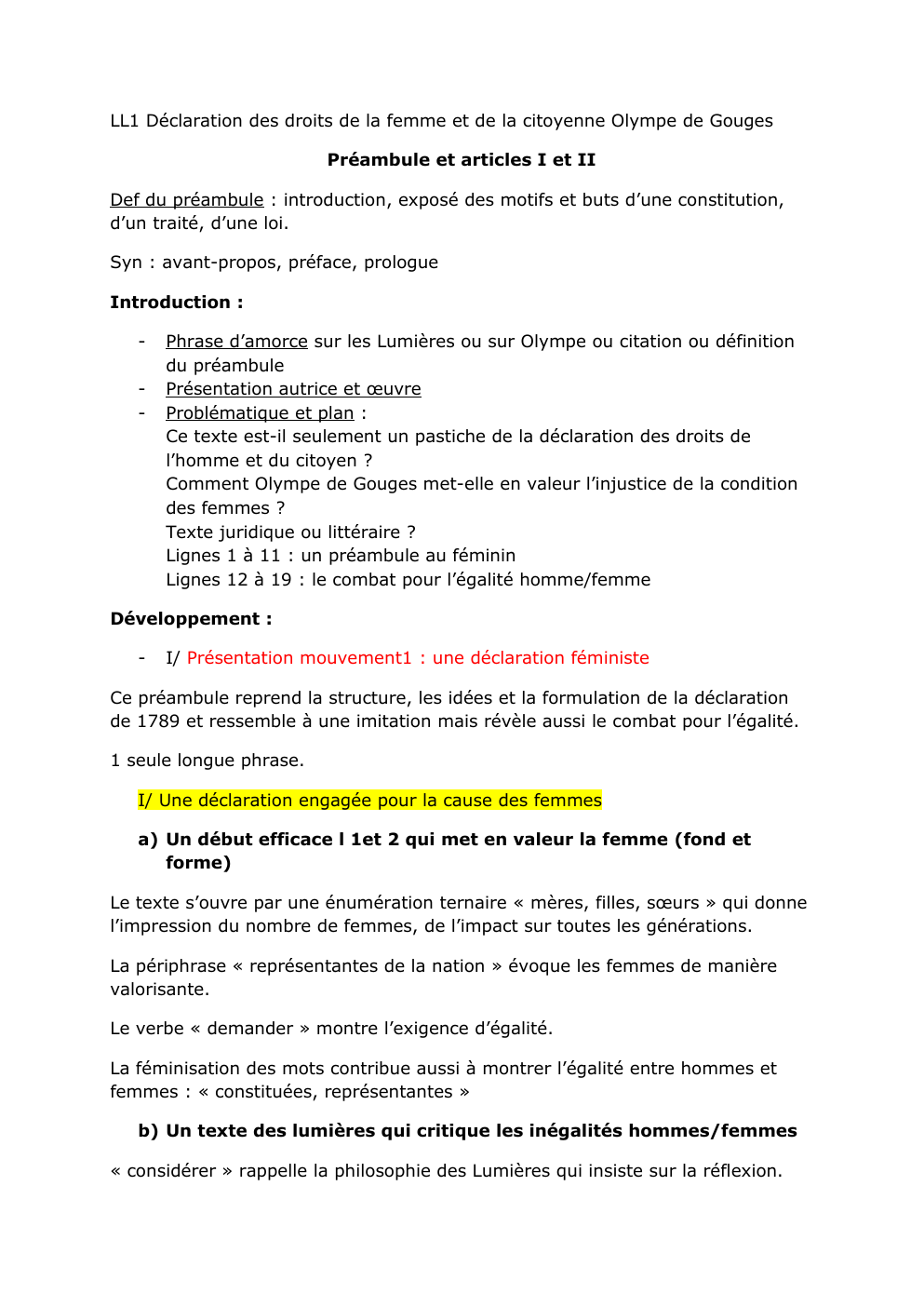 Prévisualisation du document LL1 Déclaration des droits de la femme et de la citoyenne Olympe de Gouges Préambule et articles I et II