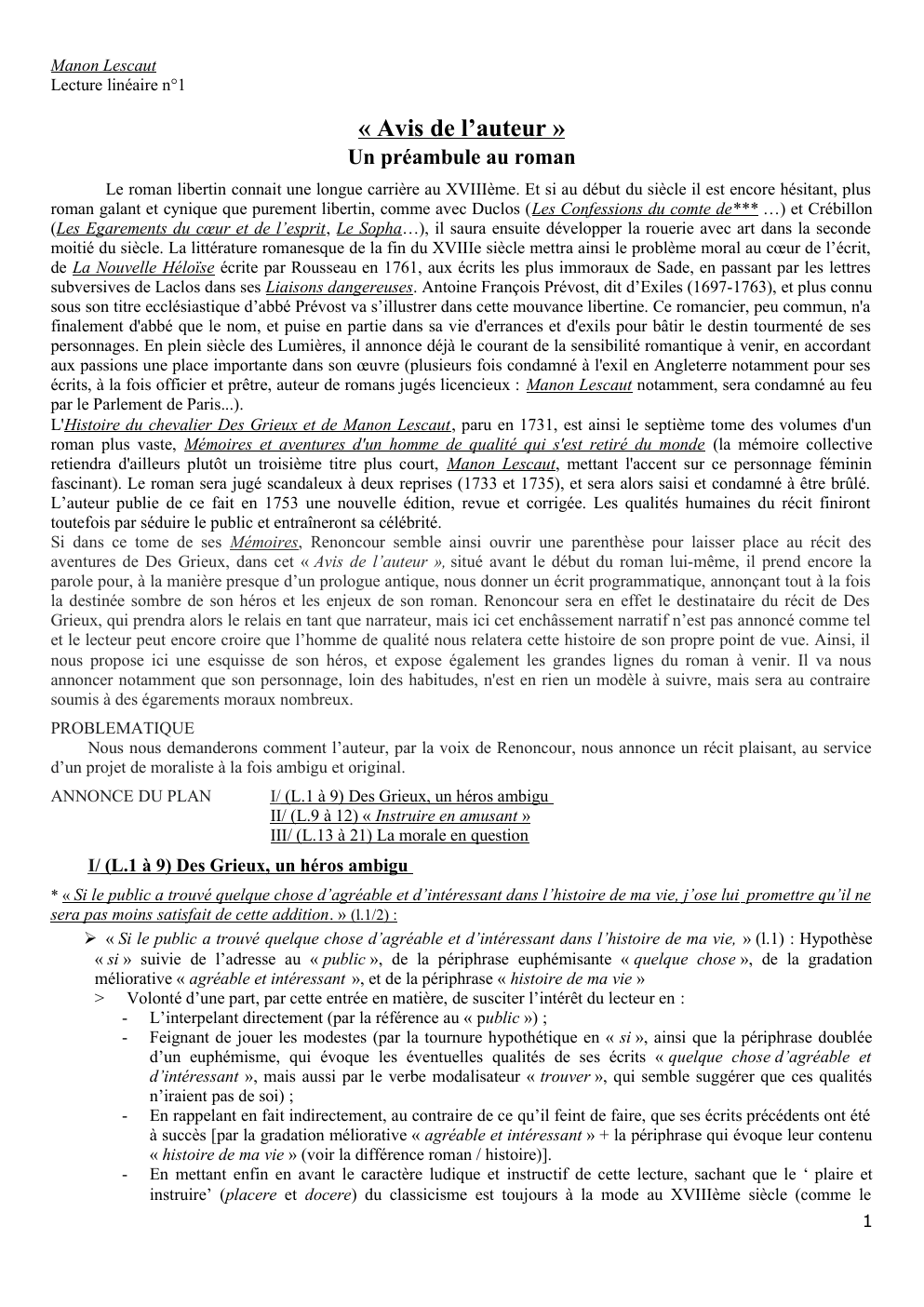 Prévisualisation du document LL1- L'avis de l'auteur, Manon Lescaut