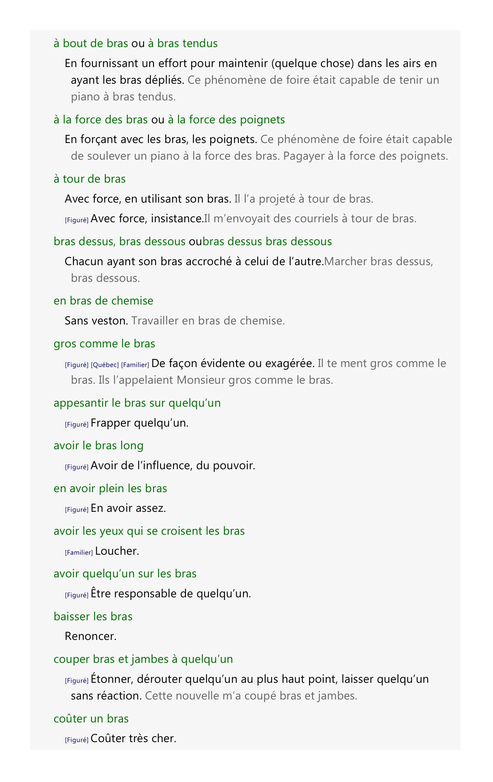 Prévisualisation du document Locutions avec bras, nom masculin

Partie d'un être humain

?

bras d'honneur


Signe obscène fait en pliant le bras vers le haut et en plaçant la main de
l'autre bras sur la saignée du coude.