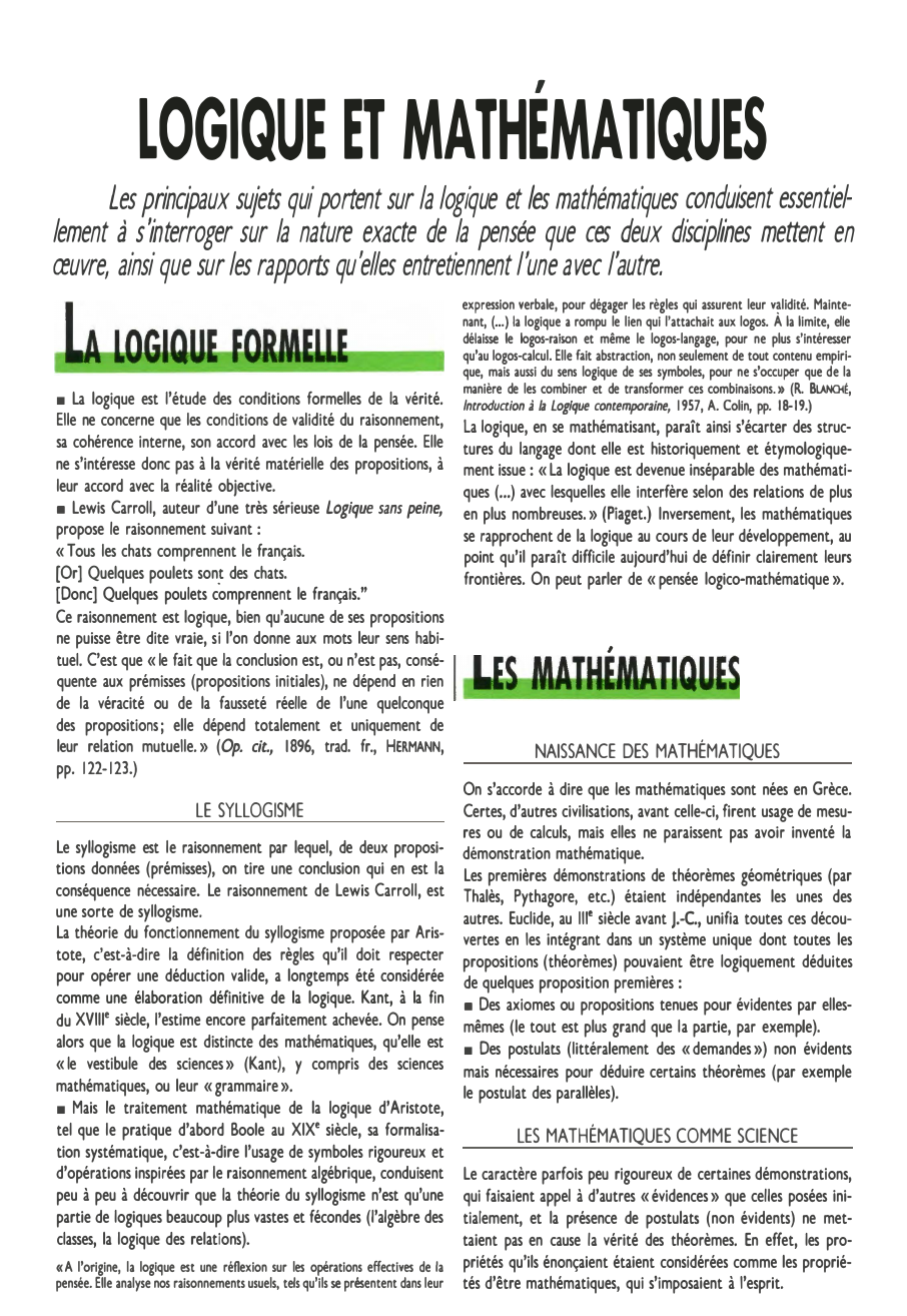 Prévisualisation du document ,

LOGIQUE El MATHEMATIQUES

Les princ�aux sujets qui portent sur la logique et_fes mathématiques �o��wsent essentiel­
lement à s'interroger sur...