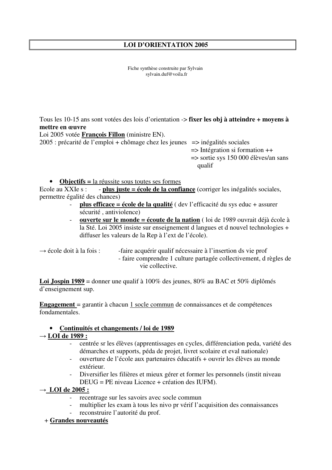 Prévisualisation du document LOI D'ORIENTATION 2005Fiche synthèse construite par Sylvainsylvain.